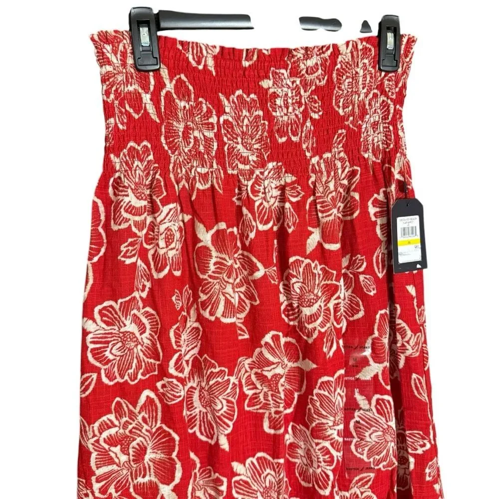 NWT Nautica Jeans Red High Waist Cotton Blend Floral Maxi Skirt Size Medium